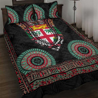 Fiji Coat of Arms Traditional Dashiki Quilt Bed Set Tapa Art and Palm Leaves Pattern Black Color - Polynesian Pride