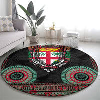 Fiji Coat of Arms Traditional Dashiki Round Carpet Tapa Art and Palm Leaves Pattern Black Color - Polynesian Pride