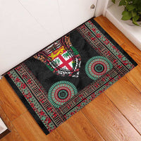 Fiji Coat of Arms Traditional Dashiki Rubber Doormat Tapa Art and Palm Leaves Pattern Black Color - Polynesian Pride