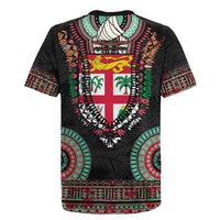 Fiji Coat of Arms Traditional Dashiki Rugby Jersey Tapa Art and Palm Leaves Pattern Black Color - Polynesian Pride