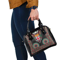 Fiji Coat of Arms Traditional Dashiki Shoulder Handbag Tapa Art and Palm Leaves Pattern Black Color - Polynesian Pride