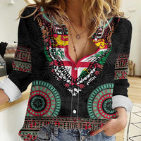 Fiji Coat of Arms Traditional Dashiki Women Casual Shirt Tapa Art and Palm Leaves Pattern Black Color - Polynesian Pride