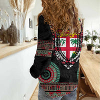 Fiji Coat of Arms Traditional Dashiki Women Casual Shirt Tapa Art and Palm Leaves Pattern Black Color - Polynesian Pride