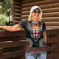 Fiji Coat of Arms Traditional Dashiki Women Polo Shirt Tapa Art and Palm Leaves Pattern Black Color - Polynesian Pride