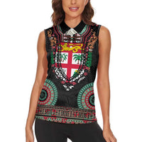Fiji Coat of Arms Traditional Dashiki Women Sleeveless Polo Shirt Tapa Art and Palm Leaves Pattern Black Color - Polynesian Pride