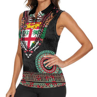 Fiji Coat of Arms Traditional Dashiki Women Sleeveless Polo Shirt Tapa Art and Palm Leaves Pattern Black Color - Polynesian Pride