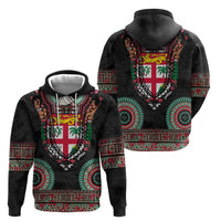 Fiji Coat of Arms Traditional Dashiki Zip Hoodie Tapa Art and Palm Leaves Pattern Black Color - Polynesian Pride