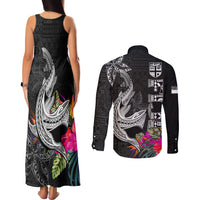 Polynesian Fiji Couples Matching Tank Maxi Dress and Long Sleeve Button Shirts Shark and Hibiscus Tapa Pattern Version LT03 - Polynesian Pride