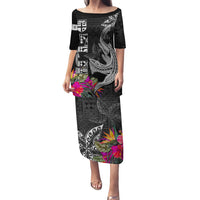 Custom Polynesian Fiji Puletasi Shark and Hibiscus Tapa Pattern Version LT03 Long Dress White - Polynesian Pride