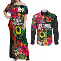 Penama Day Couples Matching Off Shoulder Maxi Dress and Long Sleeve Button Shirts 16th September Polynesian Pattern with Pacific Flower LT03 Black - Polynesian Pride