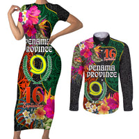 Penama Day Couples Matching Short Sleeve Bodycon Dress and Long Sleeve Button Shirts 16th September Polynesian Pattern with Pacific Flower LT03 Black - Polynesian Pride