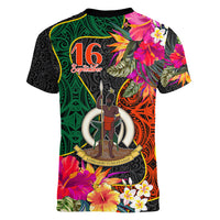 Penama Day Women V Neck T Shirt 16th September Polynesian Pattern with Pacific Flower LT03 - Polynesian Pride