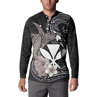 Hawaiian Whale and Kanaka Maoli Symbol Button Sweatshirt Hibiscus with Hawaii Map and Polynesian Tattoo Grayscale Color