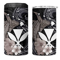 Hawaiian Whale and Kanaka Maoli Symbol 4 in 1 Can Cooler Tumbler Hibiscus with Hawaii Map and Polynesian Tattoo Grayscale Color