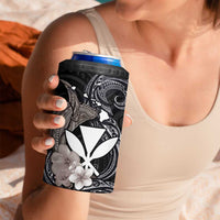 Hawaiian Whale and Kanaka Maoli Symbol 4 in 1 Can Cooler Tumbler Hibiscus with Hawaii Map and Polynesian Tattoo Grayscale Color
