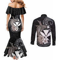 Hawaiian Whale and Kanaka Maoli Symbol Couples Matching Mermaid Dress and Long Sleeve Button Shirt Hibiscus with Hawaii Map and Polynesian Tattoo Grayscale Color