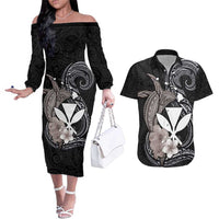 Hawaiian Whale and Kanaka Maoli Symbol Couples Matching Off The Shoulder Long Sleeve Dress and Hawaiian Shirt Hibiscus with Hawaii Map and Polynesian Tattoo Grayscale Color