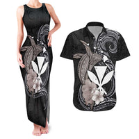 Hawaiian Whale and Kanaka Maoli Symbol Couples Matching Tank Maxi Dress and Hawaiian Shirt Hibiscus with Hawaii Map and Polynesian Tattoo Grayscale Color
