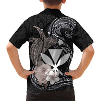 Hawaiian Whale and Kanaka Maoli Symbol Kid Hawaiian Shirt Hibiscus with Hawaii Map and Polynesian Tattoo Grayscale Color