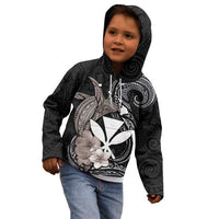 Hawaiian Whale and Kanaka Maoli Symbol Kid Hoodie Hibiscus with Hawaii Map and Polynesian Tattoo Grayscale Color