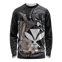 Hawaiian Whale and Kanaka Maoli Symbol Long Sleeve Shirt Hibiscus with Hawaii Map and Polynesian Tattoo Grayscale Color