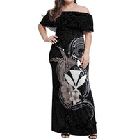 Hawaiian Whale and Kanaka Maoli Symbol Off Shoulder Maxi Dress Hibiscus with Hawaii Map and Polynesian Tattoo Grayscale Color