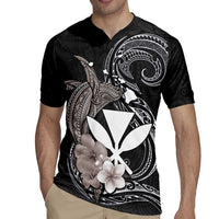 Hawaiian Whale and Kanaka Maoli Symbol Rugby Jersey Hibiscus with Hawaii Map and Polynesian Tattoo Grayscale Color