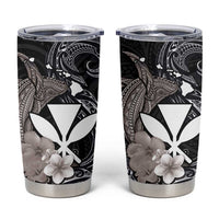 Hawaiian Whale and Kanaka Maoli Symbol Tumbler Cup Hibiscus with Hawaii Map and Polynesian Tattoo Grayscale Color