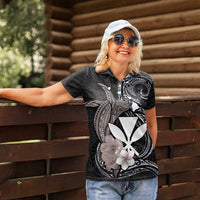 Hawaiian Whale and Kanaka Maoli Symbol Women Polo Shirt Hibiscus with Hawaii Map and Polynesian Tattoo Grayscale Color