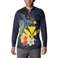 Hawaiian Whale and Kanaka Maoli Symbol Button Sweatshirt Hibiscus with Hawaii Map and Polynesian Tattoo Deep Sea Color