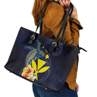 Hawaiian Whale and Kanaka Maoli Symbol Leather Tote Bag Hibiscus with Hawaii Map and Polynesian Tattoo Deep Sea Color