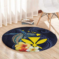 Hawaiian Whale and Kanaka Maoli Symbol Round Carpet Hibiscus with Hawaii Map and Polynesian Tattoo Deep Sea Color