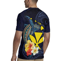 Hawaiian Whale and Kanaka Maoli Symbol Rugby Jersey Hibiscus with Hawaii Map and Polynesian Tattoo Deep Sea Color