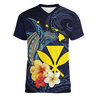 Hawaiian Whale and Kanaka Maoli Symbol Women V-Neck T-Shirt Hibiscus with Hawaii Map and Polynesian Tattoo Deep Sea Color