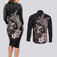 Hawaiian Whale and Volcanic Eruption Couples Matching Long Sleeve Bodycon Dress and Long Sleeve Button Shirt Hibiscus and Kakau Pattern Grayscale Color LT03 - Polynesian Pride