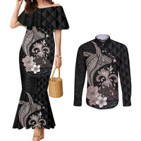 Hawaiian Whale and Volcanic Eruption Couples Matching Mermaid Dress and Long Sleeve Button Shirt Hibiscus and Kakau Pattern Grayscale Color LT03 Black - Polynesian Pride