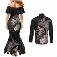 Hawaiian Whale and Volcanic Eruption Couples Matching Mermaid Dress and Long Sleeve Button Shirt Hibiscus and Kakau Pattern Grayscale Color LT03 - Polynesian Pride