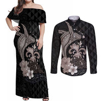 Hawaiian Whale and Volcanic Eruption Couples Matching Off Shoulder Maxi Dress and Long Sleeve Button Shirt Hibiscus and Kakau Pattern Grayscale Color LT03 Black - Polynesian Pride