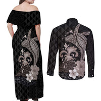 Hawaiian Whale and Volcanic Eruption Couples Matching Off Shoulder Maxi Dress and Long Sleeve Button Shirt Hibiscus and Kakau Pattern Grayscale Color LT03 - Polynesian Pride
