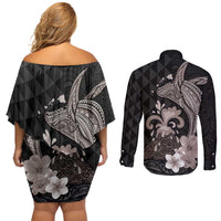 Hawaiian Whale and Volcanic Eruption Couples Matching Off Shoulder Short Dress and Long Sleeve Button Shirt Hibiscus and Kakau Pattern Grayscale Color LT03 - Polynesian Pride
