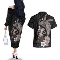 Hawaiian Whale and Volcanic Eruption Couples Matching Off The Shoulder Long Sleeve Dress and Hawaiian Shirt Hibiscus and Kakau Pattern Grayscale Color