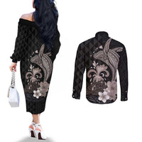 Hawaiian Whale and Volcanic Eruption Couples Matching Off The Shoulder Long Sleeve Dress and Long Sleeve Button Shirt Hibiscus and Kakau Pattern Grayscale Color LT03 - Polynesian Pride