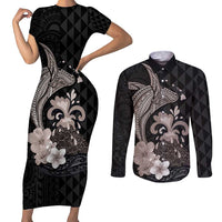 Hawaiian Whale and Volcanic Eruption Couples Matching Short Sleeve Bodycon Dress and Long Sleeve Button Shirt Hibiscus and Kakau Pattern Grayscale Color LT03 Black - Polynesian Pride