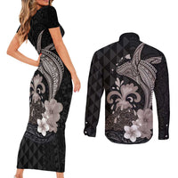 Hawaiian Whale and Volcanic Eruption Couples Matching Short Sleeve Bodycon Dress and Long Sleeve Button Shirt Hibiscus and Kakau Pattern Grayscale Color LT03 - Polynesian Pride