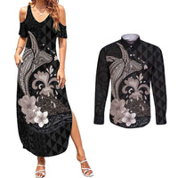 Hawaiian Whale and Volcanic Eruption Couples Matching Summer Maxi Dress and Long Sleeve Button Shirt Hibiscus and Kakau Pattern Grayscale Color LT03 Black - Polynesian Pride