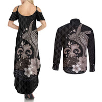 Hawaiian Whale and Volcanic Eruption Couples Matching Summer Maxi Dress and Long Sleeve Button Shirt Hibiscus and Kakau Pattern Grayscale Color LT03 - Polynesian Pride