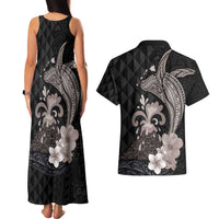 Hawaiian Whale and Volcanic Eruption Couples Matching Tank Maxi Dress and Hawaiian Shirt Hibiscus and Kakau Pattern Grayscale Color LT03 - Polynesian Pride