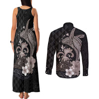 Hawaiian Whale and Volcanic Eruption Couples Matching Tank Maxi Dress and Long Sleeve Button Shirt Hibiscus and Kakau Pattern Grayscale Color LT03 - Polynesian Pride