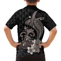 Hawaiian Whale and Volcanic Eruption Family Matching Off The Shoulder Long Sleeve Dress and Hawaiian Shirt Hibiscus and Kakau Pattern Grayscale Color LT03 - Polynesian Pride