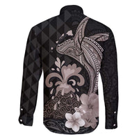 Hawaiian Whale and Volcanic Eruption Family Matching Off The Shoulder Long Sleeve Dress and Hawaiian Shirt Hibiscus and Kakau Pattern Grayscale Color LT03 - Polynesian Pride